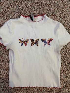 White Ribbed Crop Top with Multicolor Butterfly Embroidery